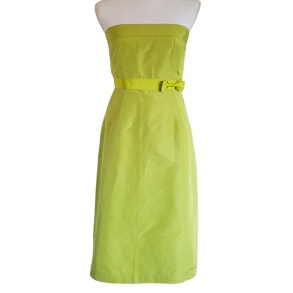 J CREW 100% Silk Lime Neon Green Strapless Cocktail Party Dress w Bow Size: 4P - Picture 2 of 10